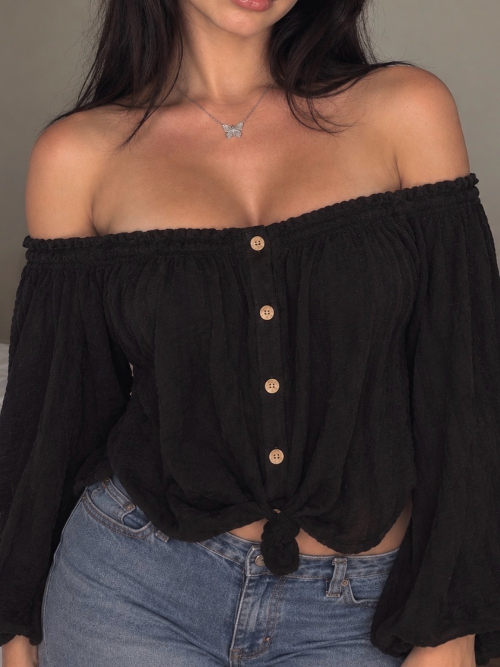 Off-the-Shoulder Black Button-Front Blouse